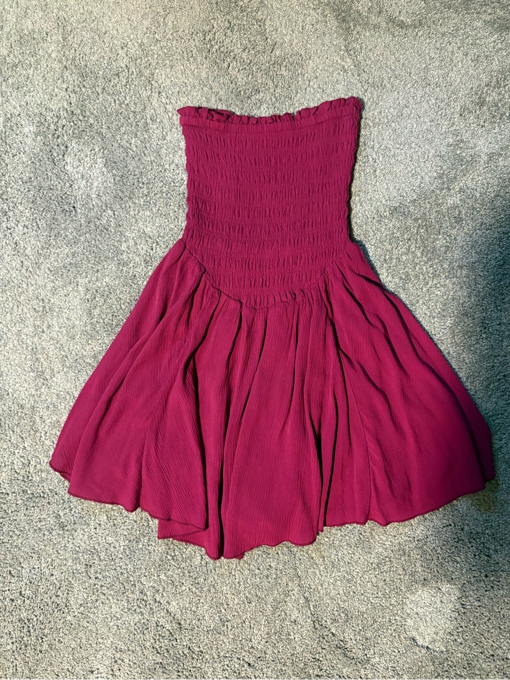 Garage Strapless Smocked Skater Dress Romper in Deep Magenta with Shirred Top